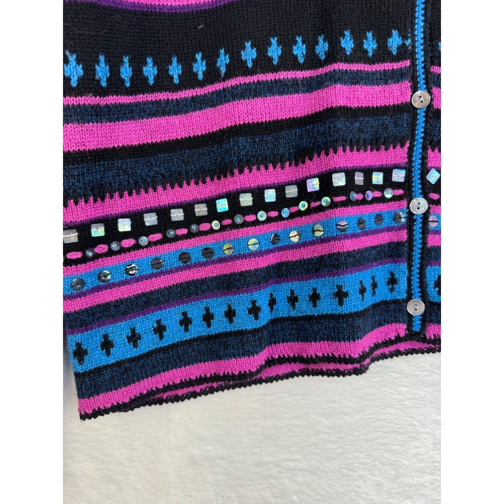 St Johns Bay Vintage Cardigan Sweater XL Pink Blue Sequin Beaded Lambswool Blend - Picture 6 of 8